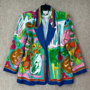 VTG Jordana 90s Womens Multicolor Crazy Blazer Jacket size 14-16 Artsy Fruit